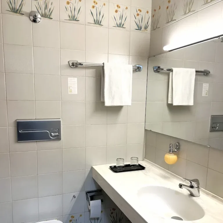 Komfort und Sauberkeit im Hotel Krieger Mariaort. Rustikales Badezimmer mit Dusche und WC im Hotel Krieger in Mariaort, nahe der Welterbestadt Regensburg.